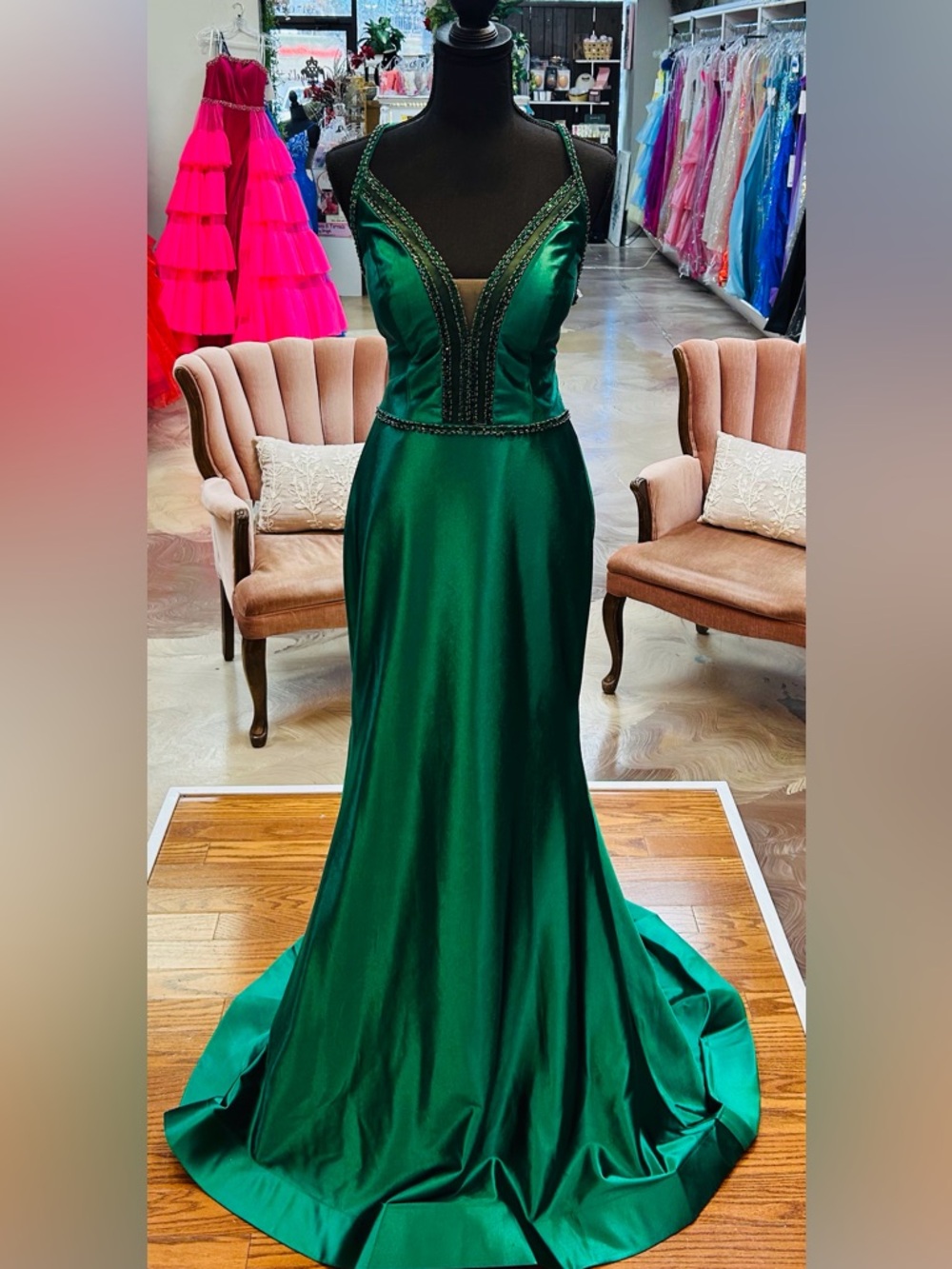 Morrell Maxie Emerald Satin Beaded V-Neck Evening Gown